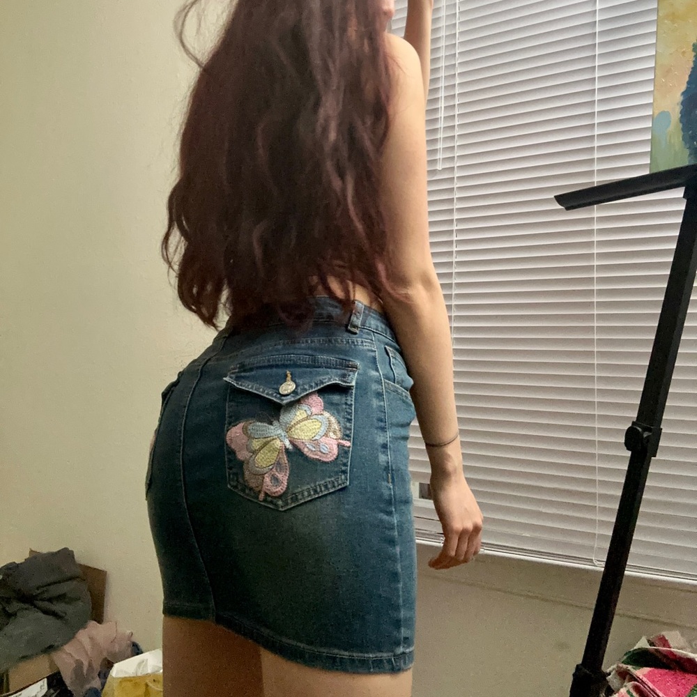 Denim mini dress butterfly embroidery